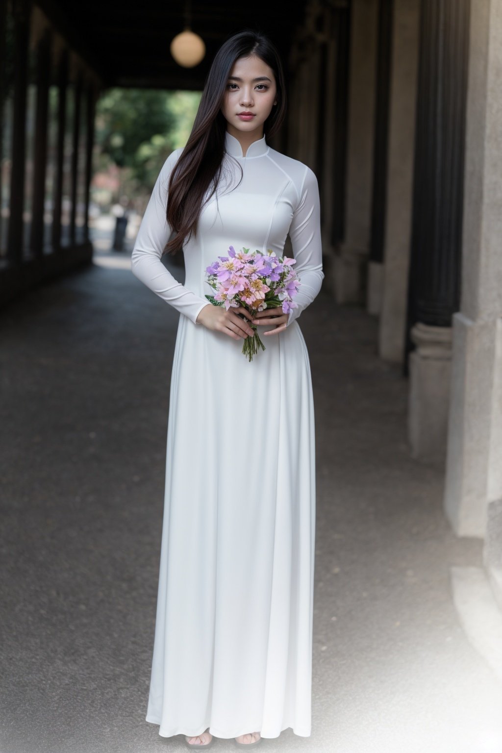 1girl, aodai white, photo art, (flower:1.2), <lora:aodai_white_SD_chiasedamme_v01:0.6>, a stunning photo with beautiful saturation, ultra high res,(realistic:1.4)),deep shadow,(best quality, masterpiece), pale skin, dimly lit, shade, flustered, blush, highly detailed, skinny, BREAK depth of field, film grain, wrinkled skin, looking at viewer, knee, warm smile, (full body:1.2) masterpiece,ultra realistic,32k,extremely detailed CG unity 8k wallpaper, best quality