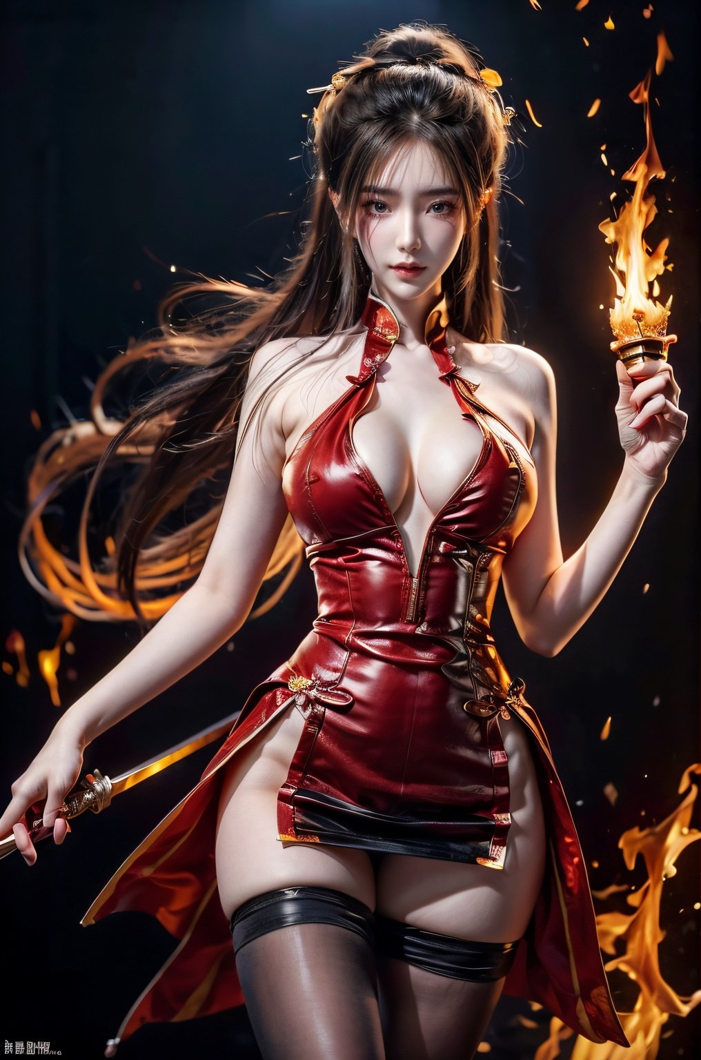 ,red lips,real skin, Tall figure, with rich details, (((masterpiece))), best quality, Correct scale, ultimate detail, illustrations, ultra high definition, 8k resolution, best image quality, high detail,
 Blademancer, full_body, ,cloud,qzjulingqianjiang,guofeng,swordsman,shidudou,1 girl,Blademancer,jingliu, a  flaming phoenix behind, red dress dress, hold a fire in hand,fire,yanlingji,solo,((black pantyhose)),looking_at_viewer,kind smile,pose for picture