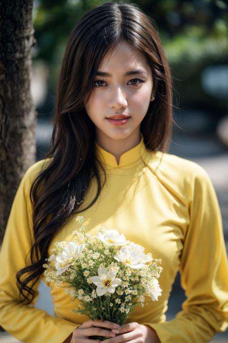 1girl, aodai yellow dress, photo art, (flower:1.2),<lora:aodai_SD_chiasedamme_v02:0.6>, a stunning photo with beautiful saturation, ultra high res,(realistic:1.4)),deep shadow,(best quality, masterpiece), pale skin, dimly lit, shade, flustered, blush, highly detailed, skinny, BREAK depth of field, film grain, wrinkled skin, looking at viewer, knee, warm smile, (upper body:1.2), masterpiece,ultra realistic,32k,extremely detailed CG unity 8k wallpaper, best quality