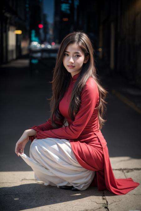 1girl, aodai red, photo art, (flower:1.2),<lora:aodai_SD_chiasedamme_v02:0.6>, a stunning photo with beautiful saturation, ultra high res,(realistic:1.4)),deep shadow,(best quality, masterpiece), pale skin, dimly lit, shade, flustered, blush, highly detailed, skinny, BREAK depth of field, film grain, wrinkled skin, looking at viewer, knee, warm smile, (full body:1.2), masterpiece,ultra realistic,32k,extremely detailed CG unity 8k wallpaper, best quality