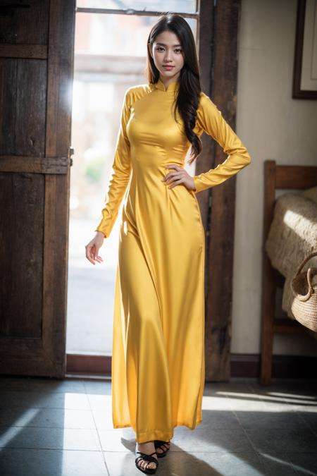 1girl, aodai yellow dress, photo art, (flower:1.2),<lora:aodai_SD_chiasedamme_v02:0.6>, a stunning photo with beautiful saturation, ultra high res,(realistic:1.4)),deep shadow,(best quality, masterpiece), pale skin, dimly lit, shade, flustered, blush, highly detailed, skinny, BREAK depth of field, film grain, wrinkled skin, looking at viewer, knee, warm smile, (full body:1.2), masterpiece,ultra realistic,32k,extremely detailed CG unity 8k wallpaper, best quality