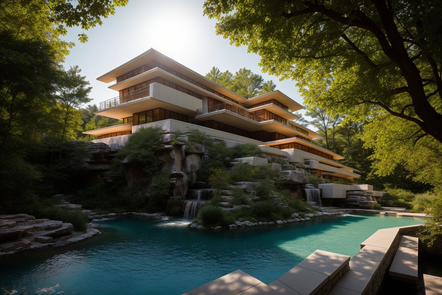 A photography showcase of Fallingwater, the iconic architecture by Frank Lloyd Wright located in Mill Run, Pennsylvania. Through the lens of Ansel Adams, using a 35mm lens, the scene captures the house’s unique cantilevered terraces amidst the verdant forest. The color temperature exudes a cool blueish tint. No facial expressions as the primary focus is on the structure. Ambient light from the sun provides a gentle glow to the scene, casting soft shadows. The atmosphere is serene and timelessDive into the world of Photography that captures the essence of Frank Lloyd Wright's modern "Frank Lloyd Wright's modern style villa" with a focus on the architectural marvel of Fallingwater. Through a 35mm lens, witness the structure in intense clarity and sharpness. The image has a warm color temperature that highlights the building's iconic cascading forms. No facial expressions are present as the image focuses solely on architecture. The lighting is natural, with the sun casting soft shadows on the structure, giving depth and texture. The atmosphere feels serene and untouched by time