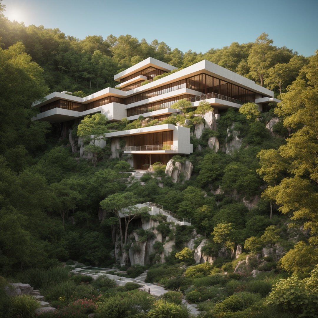 A photography showcase of Fallingwater, the iconic architecture by Frank Lloyd Wright located in Mill Run, Pennsylvania. Through the lens of Ansel Adams, using a 35mm lens, the scene captures the house’s unique cantilevered terraces amidst the verdant forest. The color temperature exudes a cool blueish tint. No facial expressions as the primary focus is on the structure. Ambient light from the sun provides a gentle glow to the scene, casting soft shadows. The atmosphere is serene and timelessDive into the world of Photography that captures the essence of Frank Lloyd Wright's modern "Frank Lloyd Wright's modern style villa" with a focus on the architectural marvel of Fallingwater. Through a 35mm lens, witness the structure in intense clarity and sharpness. The image has a warm color temperature that highlights the building's iconic cascading forms. No facial expressions are present as the image focuses solely on architecture. The lighting is natural, with the sun casting soft shadows on the structure, giving depth and texture. The atmosphere feels serene and untouched by timeA modern  house seamlessly integrates natural elements into its design. The architecture embodies an urban oasis concept, featuring a balcony adorned with lush greenery and a front yard that blends nature with the environment. Soft ambient lighting casts a warm and welcoming glow. Channeling the spirit of renowned architect Frank Lloyd Wright, this design showcases his signature organic architecture style. The medium for this artwork is an architectural blueprint rendered in high-definition 3D graphics, emphasizing every detail of the design. The color scheme primarily consists of earthy tones and various shades of green, enhancing the connection to nature