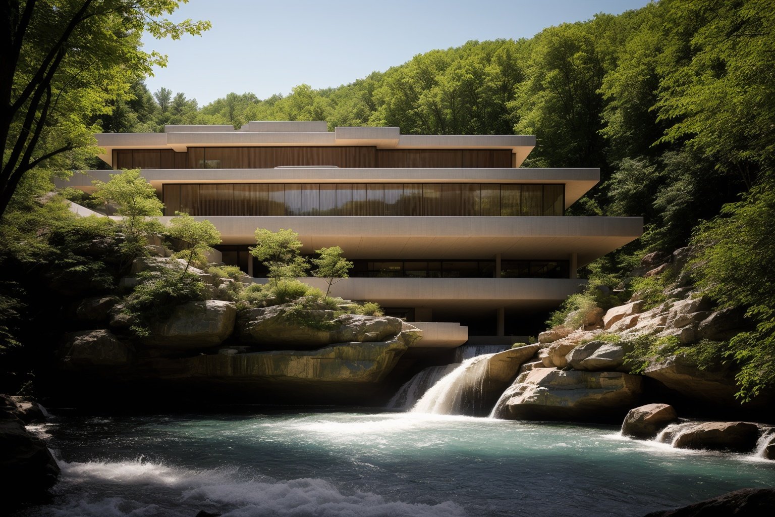 A photography showcase of Fallingwater, the iconic architecture by Frank Lloyd Wright located in Mill Run, Pennsylvania. Through the lens of Ansel Adams, using a 35mm lens, the scene captures the house’s unique cantilevered terraces amidst the verdant forest. The color temperature exudes a cool blueish tint. No facial expressions as the primary focus is on the structure. Ambient light from the sun provides a gentle glow to the scene, casting soft shadows. The atmosphere is serene and timelessDive into the world of Photography that captures the essence of Frank Lloyd Wright's modern "Frank Lloyd Wright's modern style villa" with a focus on the architectural marvel of Fallingwater. Through a 35mm lens, witness the structure in intense clarity and sharpness. The image has a warm color temperature that highlights the building's iconic cascading forms. No facial expressions are present as the image focuses solely on architecture. The lighting is natural, with the sun casting soft shadows on the structure, giving depth and texture. The atmosphere feels serene and untouched by time