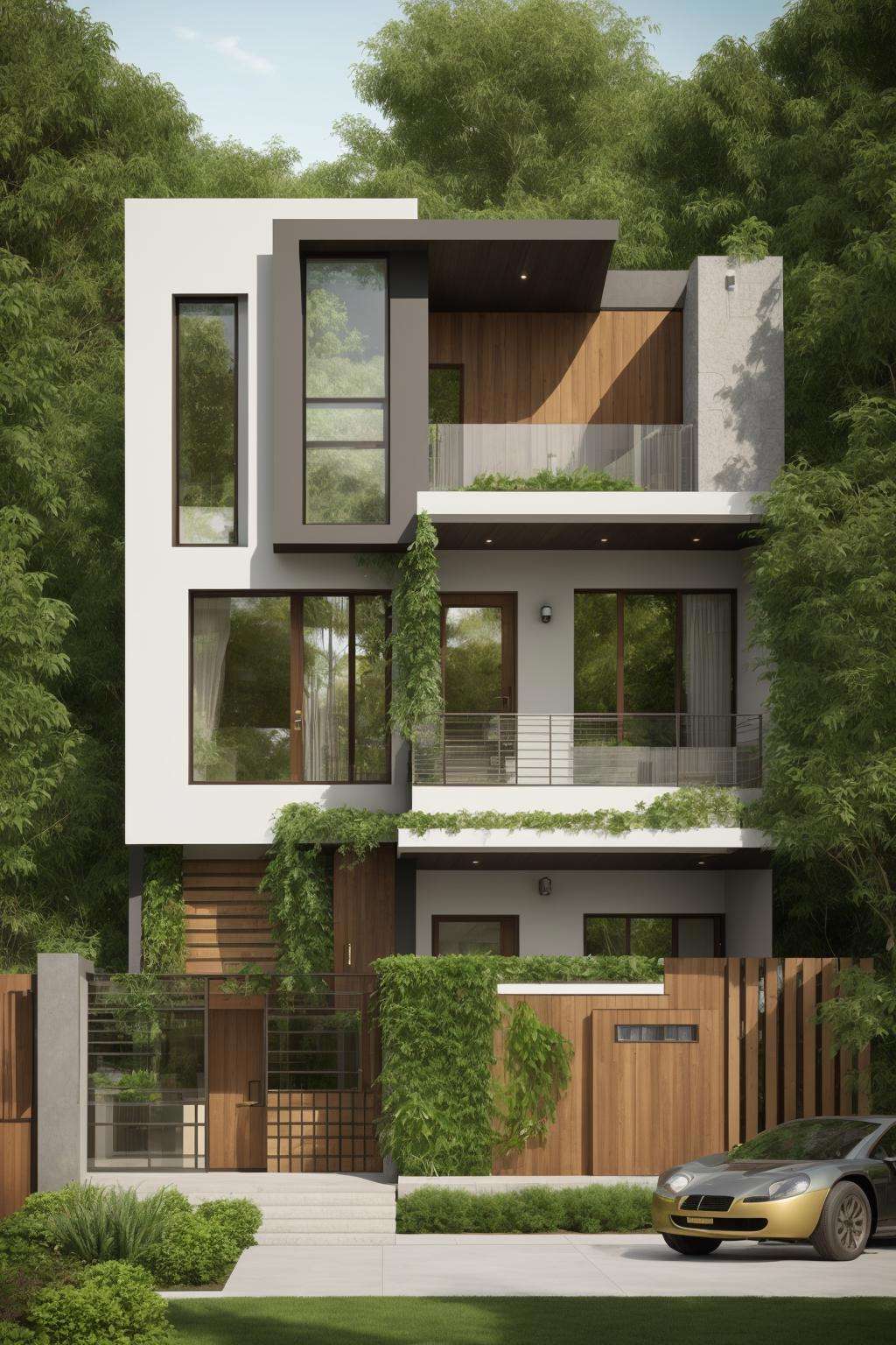 A modern street-facing house seamlessly integrates natural elements into its design. The architecture embodies an urban oasis concept, featuring a balcony adorned with lush greenery and a front yard that blends nature with the urban environment. Soft ambient lighting casts a warm and welcoming glow. Channeling the spirit of renowned architect Frank Lloyd Wright, this design showcases his signature organic architecture style. The medium for this artwork is an architectural blueprint rendered in high-definition 3D graphics, emphasizing every detail of the design. The color scheme primarily consists of earthy tones and various shades of green, enhancing the connection to nature