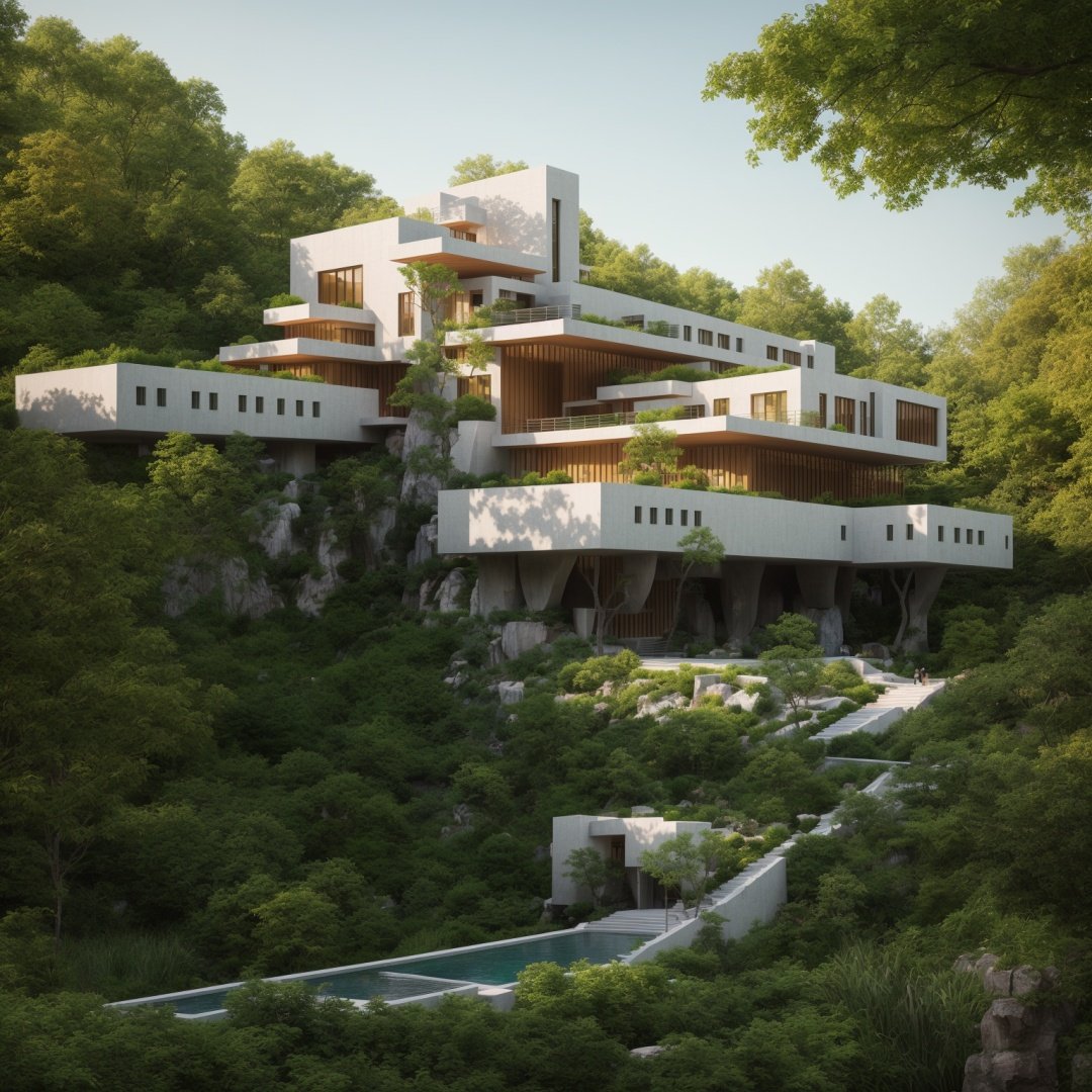 ((A photography showcase of Fallingwater, the iconic architecture by Frank Lloyd Wright located in Mill Run, Pennsylvania. Through the lens of Ansel Adams, using a 35mm lens, the scene captures the house’s unique cantilevered terraces amidst the verdant forest. The color temperature exudes a cool blueish tint. No facial expressions as the primary focus is on the structure. Ambient light from the sun provides a gentle glow to the scene, casting soft shadows. The atmosphere is serene and timeless))Dive into the world of Photography that captures the essence of Frank Lloyd Wright's modern "Frank Lloyd Wright's modern style villa" with a focus on the architectural marvel of Fallingwater. Through a 35mm lens, witness the structure in intense clarity and sharpness. The image has a warm color temperature that highlights the building's iconic cascading forms. No facial expressions are present as the image focuses solely on architecture. The lighting is natural, with the sun casting soft shadows on the structure, giving depth and texture. The atmosphere feels serene and untouched by timeA modern house seamlessly integrates natural elements into its design. featuring a balcony adorned with lush greenery and a front yard that blends nature with the environment. Soft ambient lighting casts a warm and welcoming glow. Channeling the spirit of renowned architect Frank Lloyd Wright, this design showcases his signature organic architectural style. The medium for this artwork is an architectural blueprint rendered in high-definition 3D graphics, emphasizing every detail of the design. The color scheme mainly consists of earthy tones and various shades of green, enhancing the connection to nature