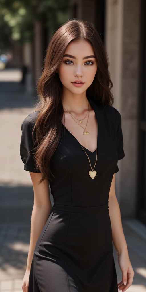 1Girl,  beautiful,  walking and posing,  look at observer,  27 year old girl,  looks like Madison Beer,  extremely detailed face,  model,  realistic,  real life,  perfect photo realistic picture,  she hawe "Tiffany & Co" tine one gold necklace with (small heart pendant),  detailed fingers,  detailed realistic face,  extremely attractive girl,  perfect detailed tanned skin,  small eyes hazel color,  perfect detailed face with realistic complexion and skin with small pores,  small nose,  photo-model,  perfect posture,  natural limbs,  long legs,  detailed symmetrical eyeballs,  symmetrical eyes,  realistic eyeballs,  realistic detailed eyes,  cute lips,  without makeup,  no long neck,  ideal proportional body,  seductive gaze,  looking in the direction of the viewer,  auburn colored flowing hair,  long hairstyle,  two arms,  two legs,  one head,  tiny breasts,  not nude,  realistic natural bodies,  sunny day,  realistic shadows,  mystical lighting,  8K,  UHD,  ((body facing the viewer,  showing to camera)),  “wide angle”,  full-body shot,  boring-uniform background,  little seduce,  opened lips,  real shadow,  cinematics light,  nice fingers,  real human nails,  dressed: "Hello Molly" brend,  dress named "Noticed Dress Black",  (((only black dress color))). (((Dress fits the girl body,  perfectly flattering the contours of her body))),  dress are very short,  a girl in a dress that attracts glances and sighs,  even from other women,  she casual walking,  no sleeves on the dress,  (black dress)