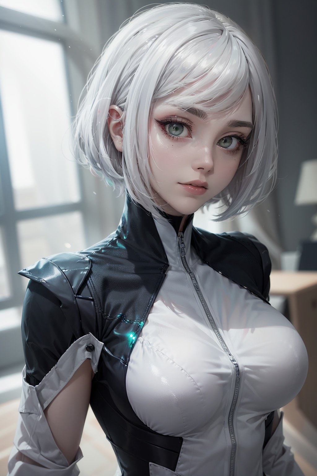 portrait, head shot, face focus, looking at viewer, eye contact,sayafox, 1girl, woman, white hair, bob cut, pale skin, emerald eyes, tech jacket, bodysuit,indoors, techbase, blurred background, detailed eyes, intimate volumetric lighting, masterpiece, best quality<lora:Saya_the_Fox_V2:0.75>