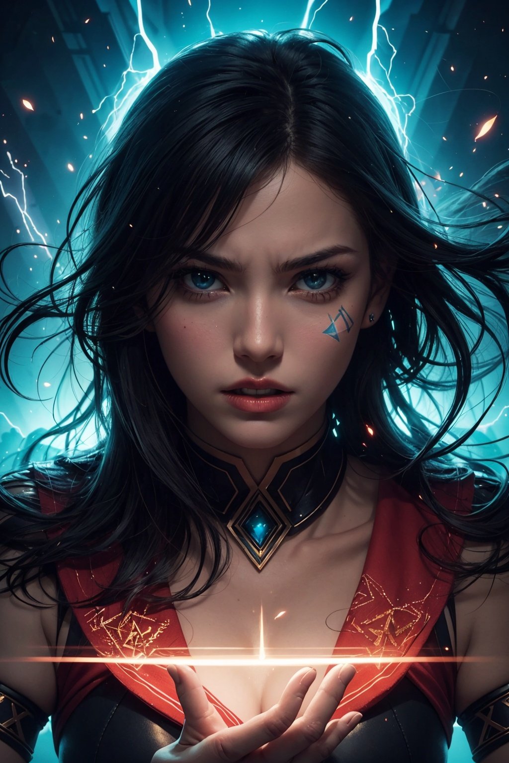 (masterpiece, top quality, best quality, official art, beautiful and aesthetic:1.2), angry girl, detailed face, luminous effects, highest detailed, floating particles, ancient runes, geometric patterns, energy, mana, bright scene, epic atmosphere, clenched teeth