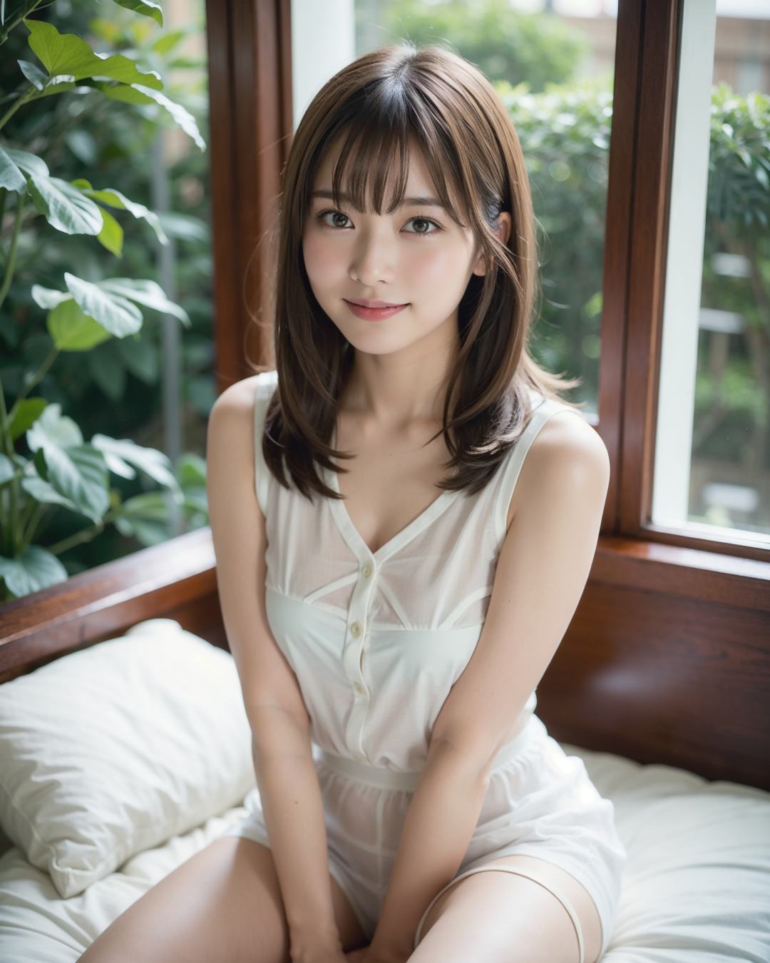 best quality, ultra high res, (photorealistic:1.4), RAW photo, (upper thigh, from side:0.7), (bokeh:1.5), (sit on bed), (in suite:1.6),window,1japanese girl, cute, (solo:1.6), (shy smile), (brown eyes), smooth skin, (brown medium hair,bangs),(small chest),dainty, (touch hair:1.4),(off-white transparent clothes:1),<lora:satsuki_MK05:0.3> <lora:uduki_MK05mix:0.3>