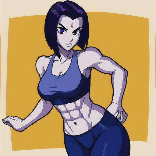 raven (dc), cowboy shot, gym, masterpiece, best quality, toned, grey skin, purple hair, abs, leggings, tank top, 