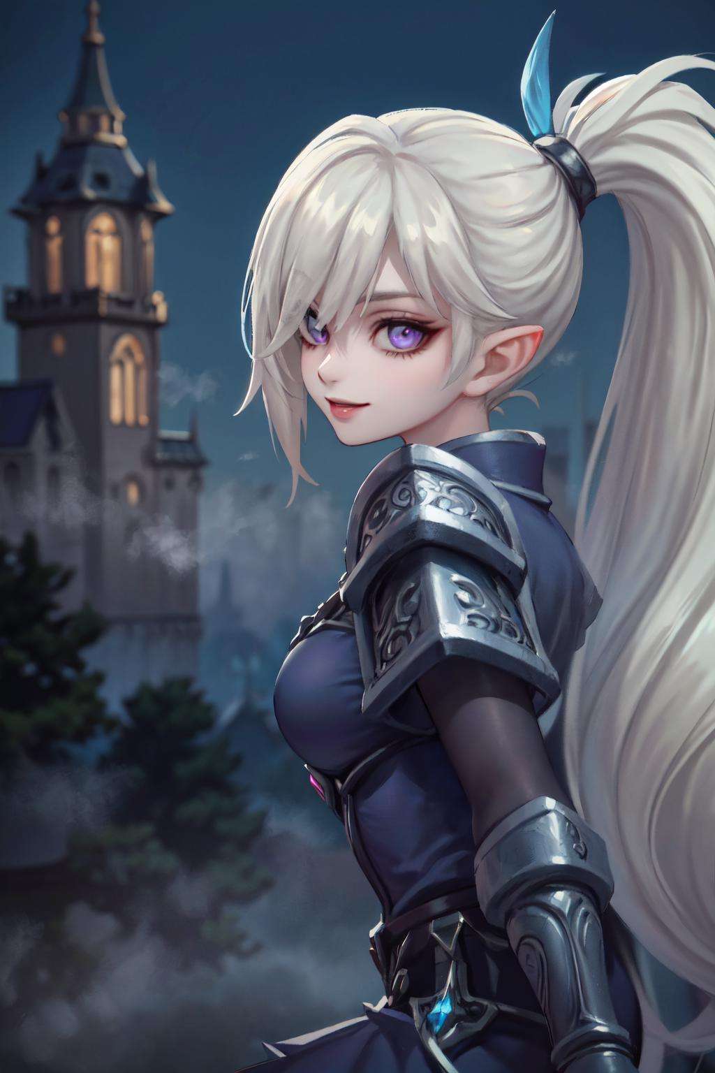 (hyperrealism:1.4), masterpiece, best quality, extremely-detailed, (((centered, full shot from front))), portrait, looking-at-viewer, full body portrait, (pale skin), ((castle background)), detailed background, (((midnight))), (volumetric_fog), <lora:Miya-Moonlight_Archer:0.8>, miya_ma,  purple eyes ,smiling, detailed eyes, ponytail, 