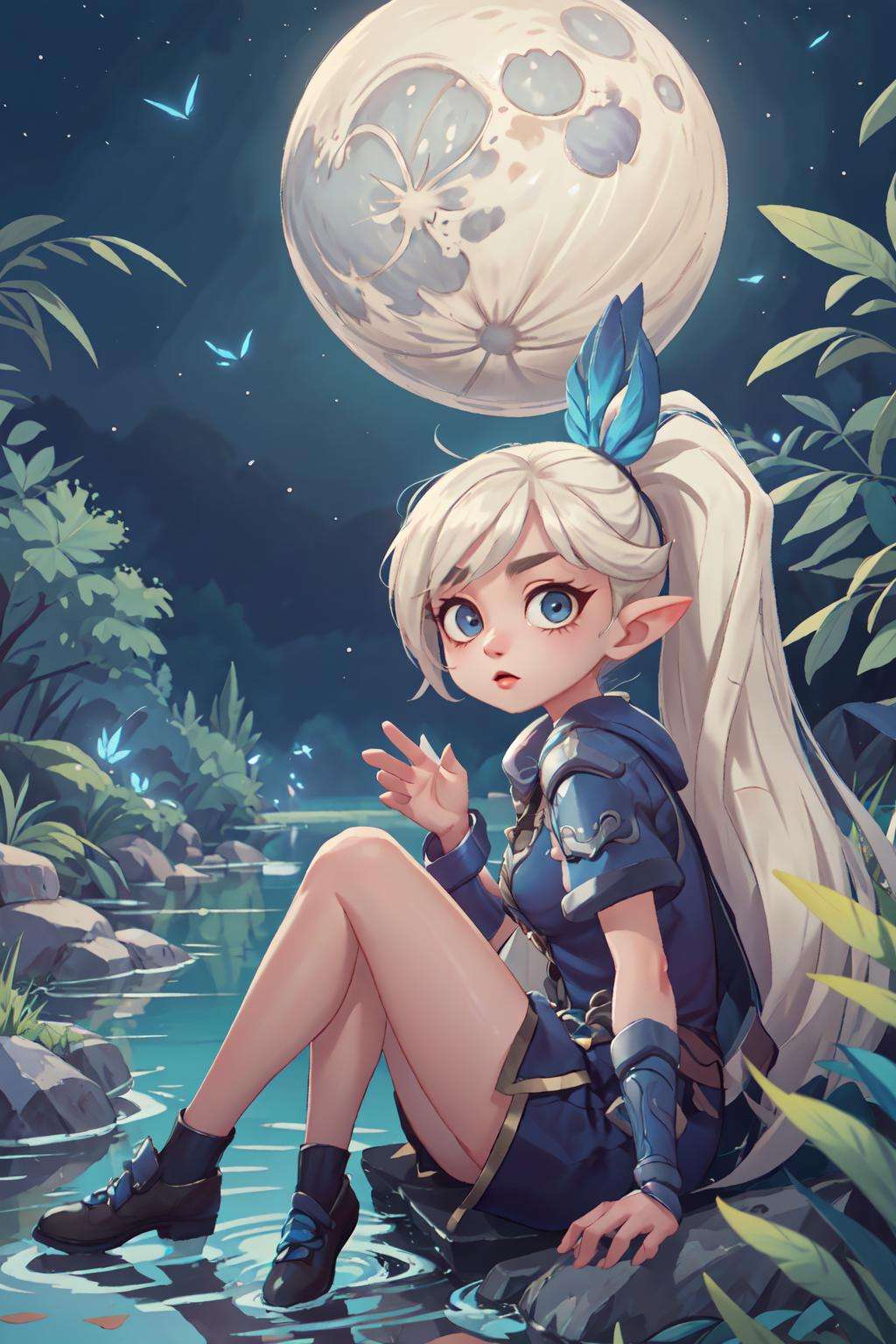 (masterpiece, best quality, ultra-detailed), ultra high res, 1girl, cute, ((puffy eyes)), full body, facing front, detailed face, detailed eyes,   <lora:Miya-Moonlight_Archer:0.8>, miya_ma, sittting next to paceful lake, night, moon, fireflies, 
