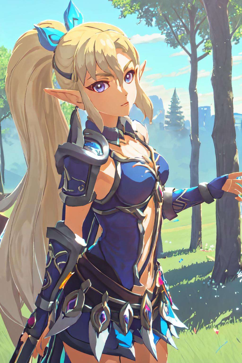 botw style, looking at viewer, solo, ((masterpiece)) <lora:botw_style_offset:1>, <lora:Miya-Moonlight_Archer:0.8>, miya_ma, ponytail, purple eyes, forest