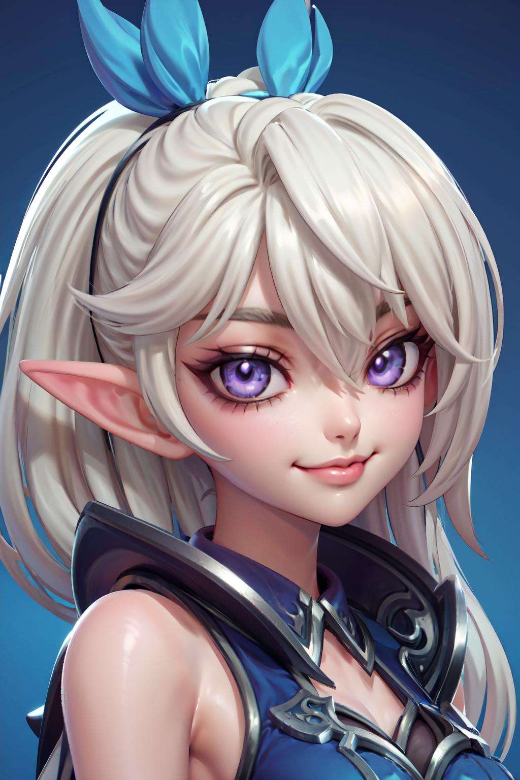 1girl, solo, looking at viewer, blue background, simple background,lips, closed mouth, bangs, nose, <lora:3DMM_V12:1>, <lora:Miya-Moonlight_Archer:0.8>, miya_ma,  purple eyes ,smiling,
