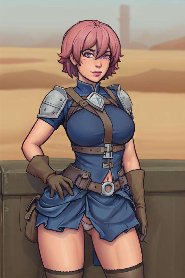 <lora:WAB:0.75>, warlockandboobs, outdoors, 1girl, solo, breasts, looking at viewer, short hair, blue eyes, thighhighs, gloves, navel, underwear, purple eyes, panties, pink hair, midriff, belt, armor, mole, lips, hand on hip, mole under eye, makeup, lipstick, shoulder armor, brown gloves, single glove, pauldrons, blue thighhighs, single pauldron,