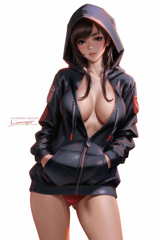 <lora:Liang_Xing:.6>, Liang Xing, masterpiece, best quality, 1girl, solo, breasts, hood, hoodie, large breasts, brown hair, brown eyes, panties, underwear, lips, looking at viewer, cleavage, no bra, red panties, realistic, long hair, black hoodie, open clothes, jacket, hands in pockets, simple background, black hair, upper body, hooded jacket, parted lips, makeup, white background, medium breasts, unzipped, hood up