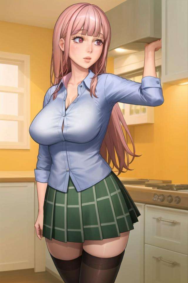 <lora:taffy_tales:.6>, taffy tales, masterpiece, best quality, 1girl, solo, long hair, pink hair, white shirt, collared shirt, green skirt, plaid skirt, bangs, blunt bangs, cleavage, breasts, black thighhighs, cowboy shot, pink eyes, kitchen, thighhighs, zettai ryouiki, indoors, medium breasts, lips, multicolored eyes, green eyes, 