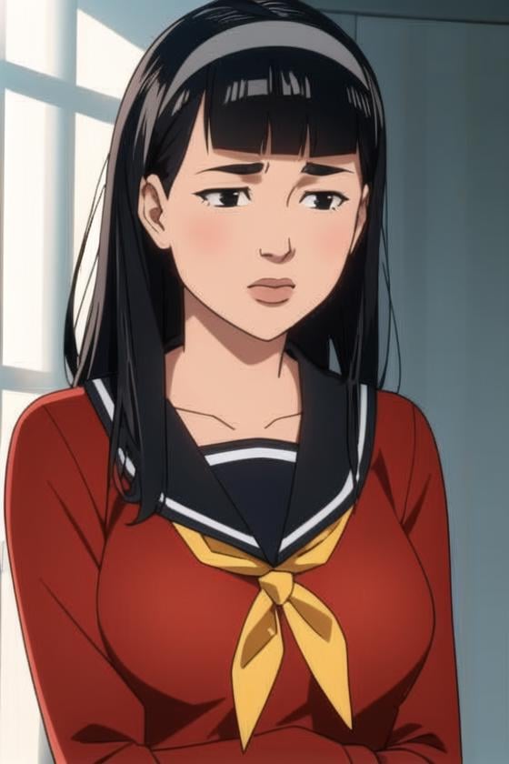 <lora:Invincible:0.8>, Invincible, masterpiece, best quality, 1girl, long hair, solo, black hair, black eyes, school uniform, bangs, looking at viewer, yasogami school uniform, serafuku, sailor collar, parted lips, neckerchief, long sleeves, red hairband, blunt bangs, yellow neckerchief, upper body, shadow, breasts, collarbone, medium breasts, shirt, hand up, sweater, red shirt, black sailor collar, lips, red cardigan, mature female, 