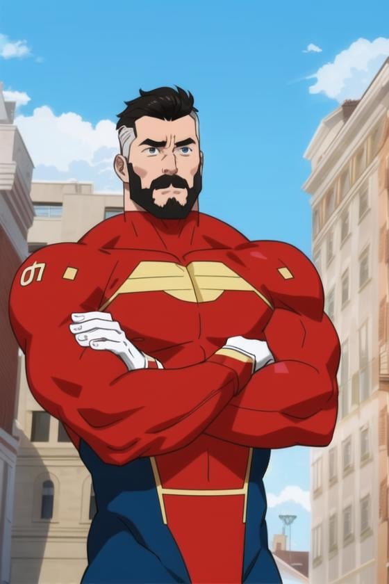 <lora:Invincible:0.75>, Invincible, masterpiece, best quality, facial hair, male focus, 1boy, muscular, mustache, bodysuit, solo, muscular male, superhero, black hair, multicolored hair, bara, short hair, upper body, crossed arms, two-tone hair, mature male, sky, pectorals, red bodysuit, blue eyes, white bodysuit, old, white hair, undercut, outdoors, large pectorals, day, old man, cloud, red gloves, thick eyebrows, gloves, sideburns, looking at viewer, building, beard