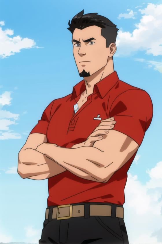 <lora:Invincible:0.75>, Invincible, masterpiece, best quality, male focus, 1boy, watch, male focus, wristwatch, shirt, solo, facial hair, manly, belt, red shirt, pants, black belt, brown hair, spiked hair, goatee, sleeves rolled up, partially unbuttoned, short hair, hand on own arm, closed mouth, collared shirt, pectorals, mature male, veins, upper body, shirt tucked in, cloud, belt buckle, looking at viewer, dress shirt, black hair, sky, looking down, sideburns, looking to the side, outdoors, muscular, pectoral cleavage, muscular male