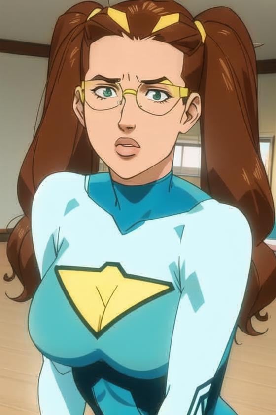 <lora:Invincible:0.75>, Invincible, masterpiece, best quality, 1girl, solo, glasses, bodysuit, brown hair, indoors, long hair, twintails, breasts, upper body, retro artstyle, looking at viewer, medium breasts, parody, green bodysuit, parted lips, green eyes, lips, yellow bodysuit, lipstick, rimless eyewear