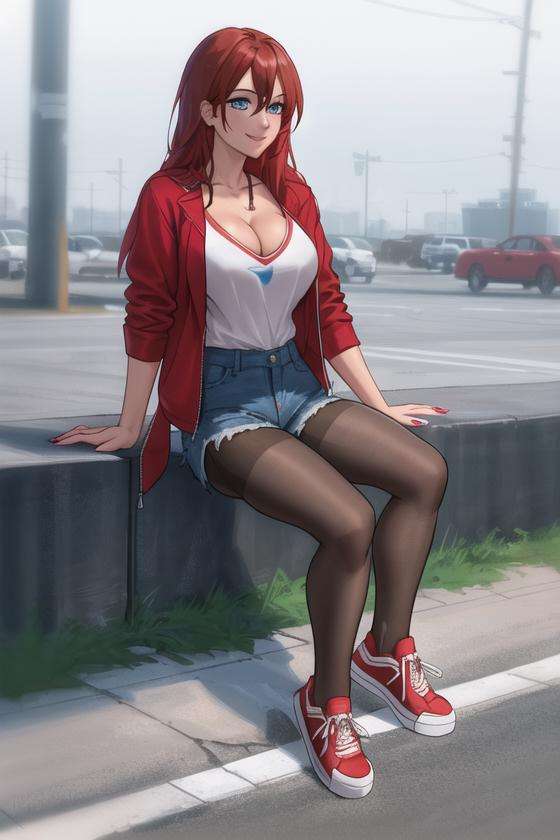 <lora:THEPIT:0.6>, THEPIT, masterpiece, best quality, breasts, 1girl, breasts, pantyhose, red hair, solo, jacket, shoes, blue eyes, cleavage, sitting, shorts, feet, black pantyhose, single shoe, sneakers, large breasts, smile, red jacket, denim, collarbone, no shoes, shirt, hair between eyes, white shirt, nail polish