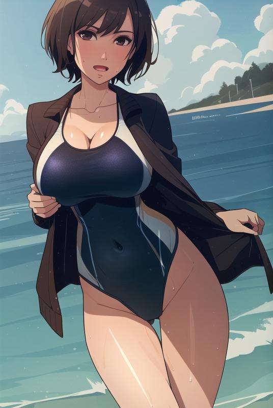 <lora:balsamique:0.8>, balsamique, masterpiece, best quality, 1girl, solo, swimsuit, breasts, short hair, blush, one-piece swimsuit, cleavage, school swimsuit, open mouth, uniform, military, military uniform, wet, brown eyes, black hair, covered navel, looking at viewer, swimsuit under clothes, large breasts, collarbone, jacket, shiny, crossed arms