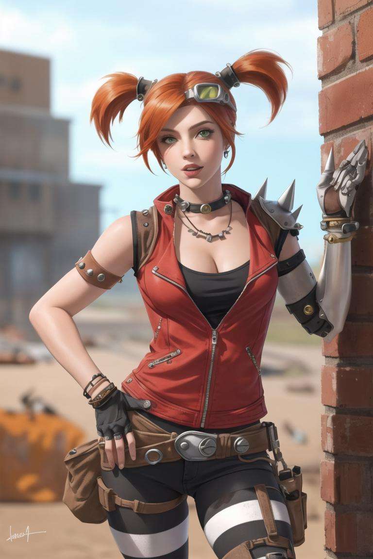 <lora:gaige:0.8>, gaige, masterpiece, best quality, 1girl, solo, gloves, twintails, striped, fingerless gloves, jewelry, goggles, spikes, breasts, short twintails, red hair, pantyhose, green eyes, necklace, goggles on head, hand on hip, orange hair, cleavage, belt, boots, bracelet, earrings, medium breasts, tongue out, vest, tongue, hair ornament, cowboy shot, studded belt, outdoors, single mechanical arm, prosthetic arm, prosthesis