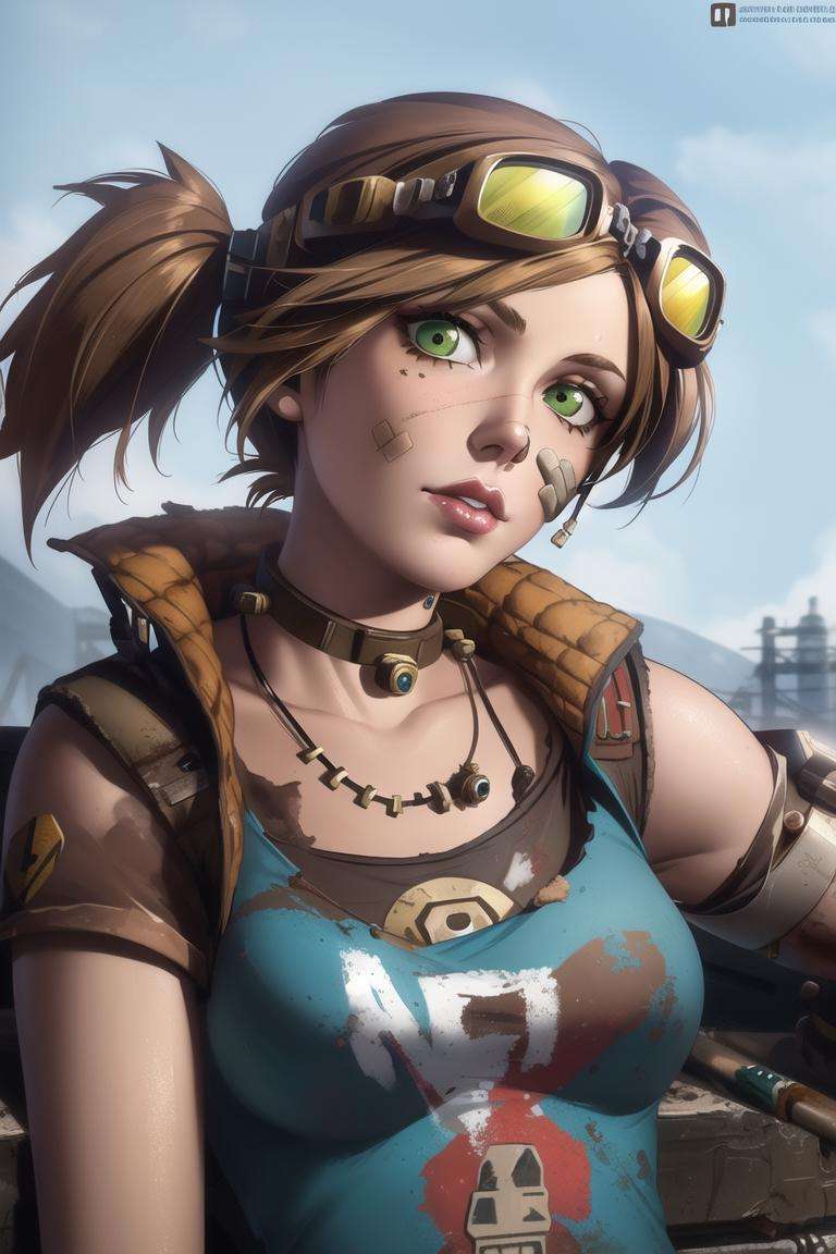 <lora:gaige:0.8>, gaige, masterpiece, best quality, 1girl, green eyes, solo, goggles, jewelry, twintails, brown hair, dirty, necklace, goggles on head, breasts, dirty face, bandaid, bandaid on face, robot, lips, prosthesis, sky, collar, choker, mechanical arms, upper body, small breasts, sign