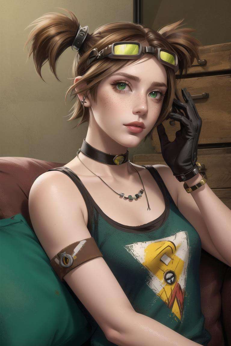 <lora:gaige:0.8>, gaige,  masterpiece, best quality, 1girl, goggles, goggles on head, solo, jewelry, bandaid, lips, bandaid on face, twintails, brown hair, green eyes, necklace, freckles, nose, choker, short twintails, bracelet, short hair, looking at viewer, pillow, gloves