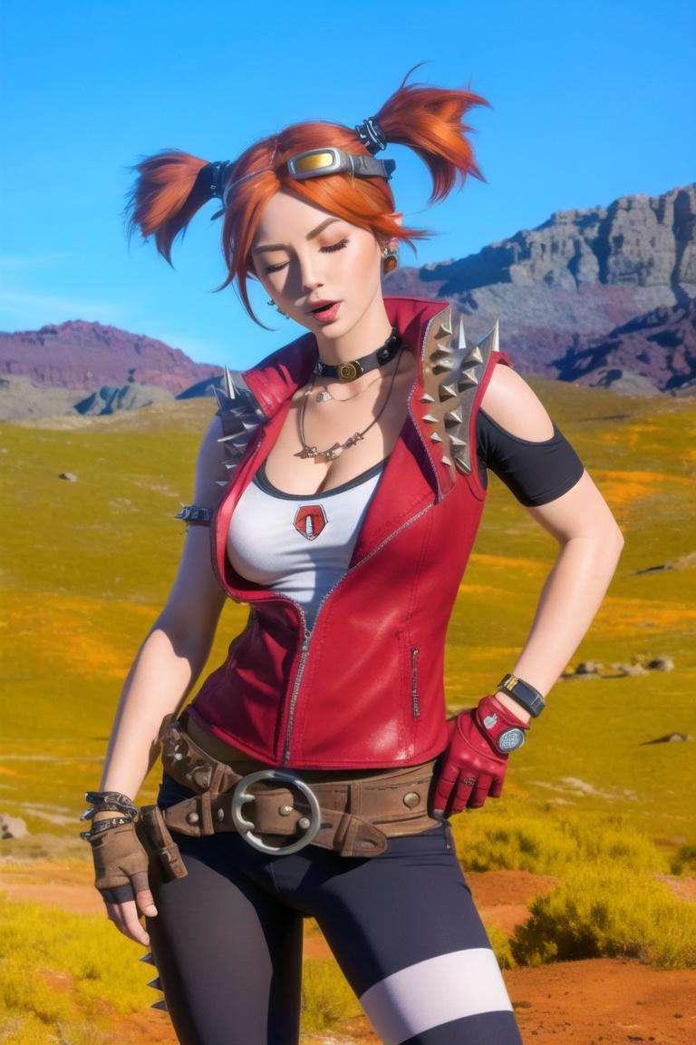 <lora:gaige:0.8>, gaige, masterpiece, best quality, 1girl, solo, gloves, twintails, one eye closed, striped, fingerless gloves, jewelry, goggles, spikes, breasts, short twintails, red hair, pantyhose, green eyes, necklace, goggles on head, hand on hip, orange hair, cleavage, belt, boots, bracelet, earrings, medium breasts, tongue out, vest, tongue, hair ornament, cowboy shot, studded belt, outdoors, 