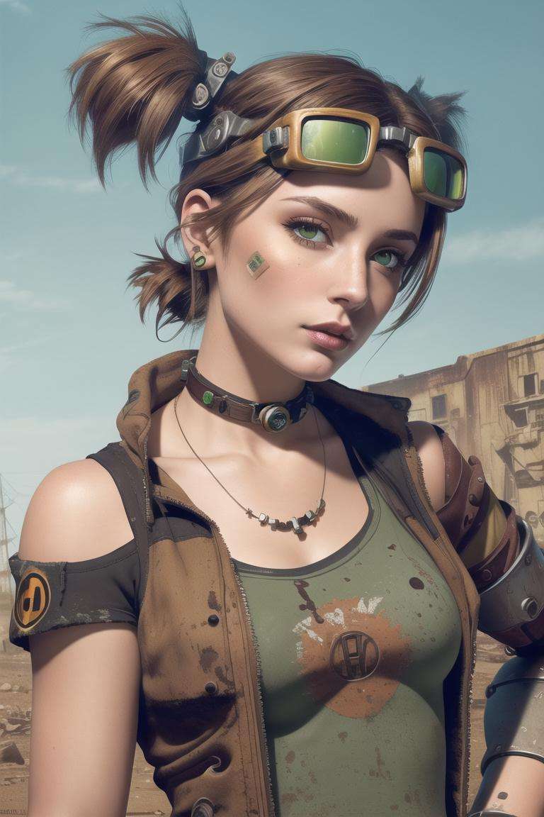 <lora:gaige:0.8>, gaige, masterpiece, best quality, 1girl, green eyes, solo, goggles, jewelry, twintails, brown hair, dirty, necklace, goggles on head, breasts, dirty face, bandaid, bandaid on face, robot, lips, prosthesis, sky, collar, choker, mechanical arms, upper body, small breasts, sign