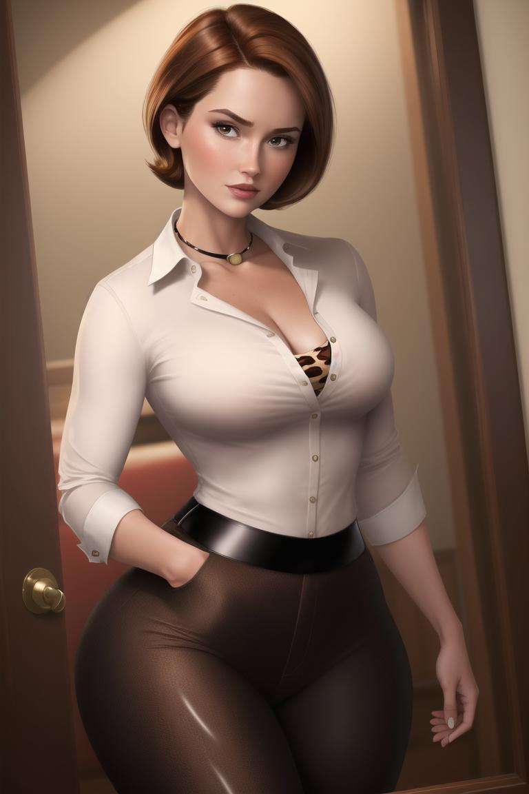 <lora:helen_parrv2:0.8>, helen parr, masterpiece, best quality, 1girl, brown hair, solo, breasts, short hair, brown eyes, medium breasts, cleavage, pants, animal print, collared shirt, white shirt, black pants, 