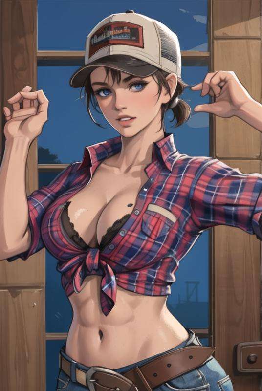 <lora:abigail_briarton:0.8>, abigail briarton, masterpiece, best quality, 1girl, breasts, solo, hat, navel, cleavage, shirt, belt, large breasts, midriff, plaid, abs, plaid shirt, front-tie top, short hair, tied shirt, blue eyes, baseball cap, muscular, sleeves rolled up