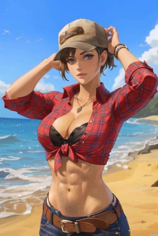 <lora:abigail_briarton:0.8>, abigail briarton, masterpiece, best quality, 1girl, breasts, solo, hat, navel, cleavage, shirt, belt, large breasts, midriff, plaid, abs, plaid shirt, front-tie top, short hair, tied shirt, blue eyes, baseball cap, muscular, sleeves rolled up