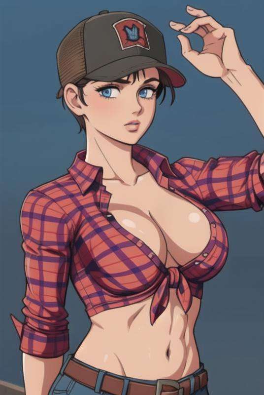 <lora:abigail_briarton:0.8>, abigail briarton, masterpiece, best quality, 1girl, breasts, solo, hat, navel, cleavage, shirt, belt, large breasts, midriff, plaid, abs, plaid shirt, front-tie top, short hair, tied shirt, blue eyes, baseball cap, muscular, sleeves rolled up