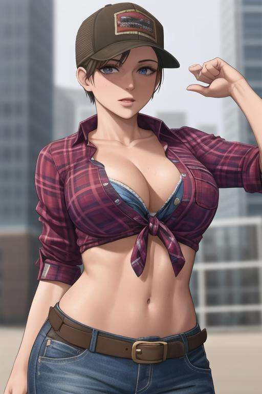 <lora:abigail_briarton:0.8>, abigail briarton, masterpiece, best quality, 1girl, breasts, solo, hat, navel, cleavage, shirt, belt, large breasts, midriff, plaid, abs, plaid shirt, front-tie top, short hair, tied shirt, blue eyes, baseball cap, genderswap \(mtf\), genderswap, muscular, sleeves rolled up