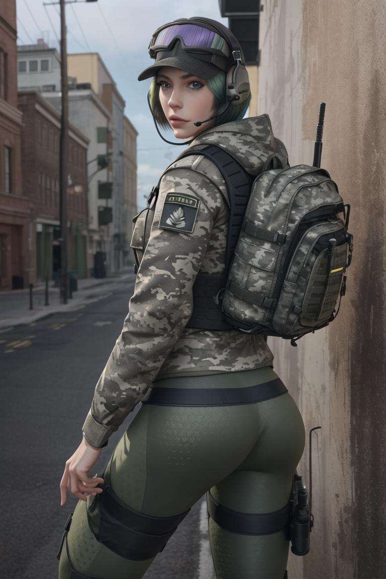 <lora:ela_(rainbow_six_siege):0.8>, ela_(rainbow_six_siege), masterpiece, best quality, 1girl, camouflage, solo, green hair, backpack, boots, hat, goggles, goggles on headwear, ass, pants, looking at viewer, jacket, hood, bag, short hair, headset, blue eyes, camouflage jacket, gloves, holster, hood down, looking back, thigh holster, radio antenna, military, headphones, leggings, closed mouth, camouflage pants, huge ass, outdoors, 