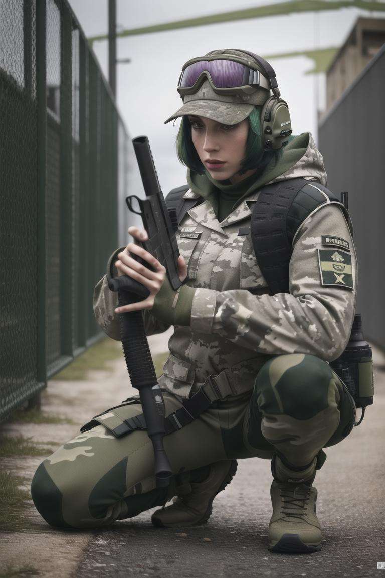 <lora:ela_(rainbow_six_siege):0.8>, ela_(rainbow_six_siege), masterpiece, best quality, 1girl, weapon, solo, camouflage, gun, green hair, holding weapon, goggles, holding gun, hat, squatting, gloves, green eyes, short hair, headphones, holding, handgun, camouflage jacket, shoes, lips, fingerless gloves, jacket, military, goggles on head, pants, brown footwear, looking to the side, trigger discipline, full body, long sleeves, uniform, nose