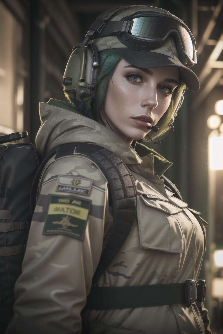<lora:ela_(rainbow_six_siege):0.8>, ela_(rainbow_six_siege), masterpiece, best quality, 1girl, solo, goggles, camouflage, backpack, hat, green hair, goggles on head, headset, realistic, short hair, jacket, upper body, headphones, military, looking at viewer, bag, lips, uniform, blurry