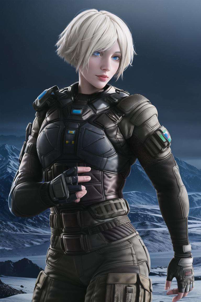 <lora:iana_(rainbow_six):0.8>, iana (rainbow six), masterpiece, best quality, 1girl, solo, short hair, gloves, blonde hair, realistic, fingerless gloves, lips, armor, blue eyes, white hair, looking at viewer