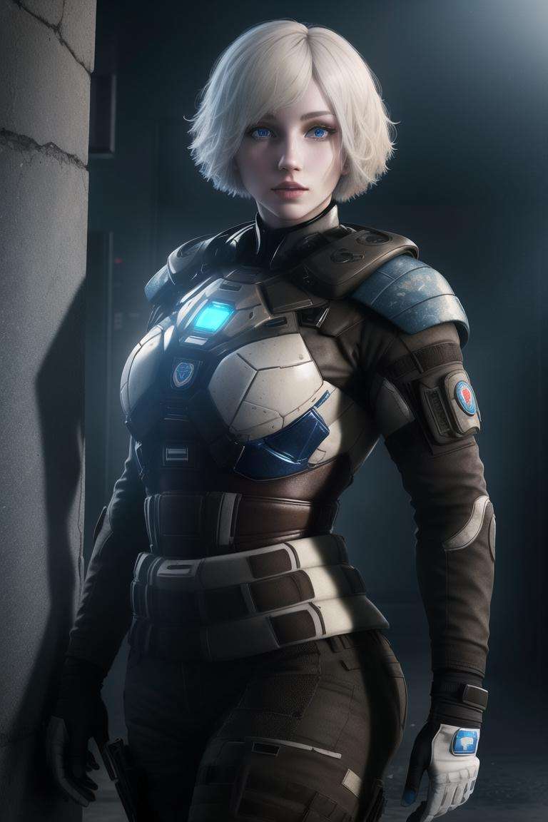 <lora:iana_(rainbow_six):0.8>, iana (rainbow six), masterpiece, best quality, 1girl, solo, realistic, short hair, gloves, emblem, blue eyes, looking at viewer, blonde hair, upper body, white hair, pale skin, 