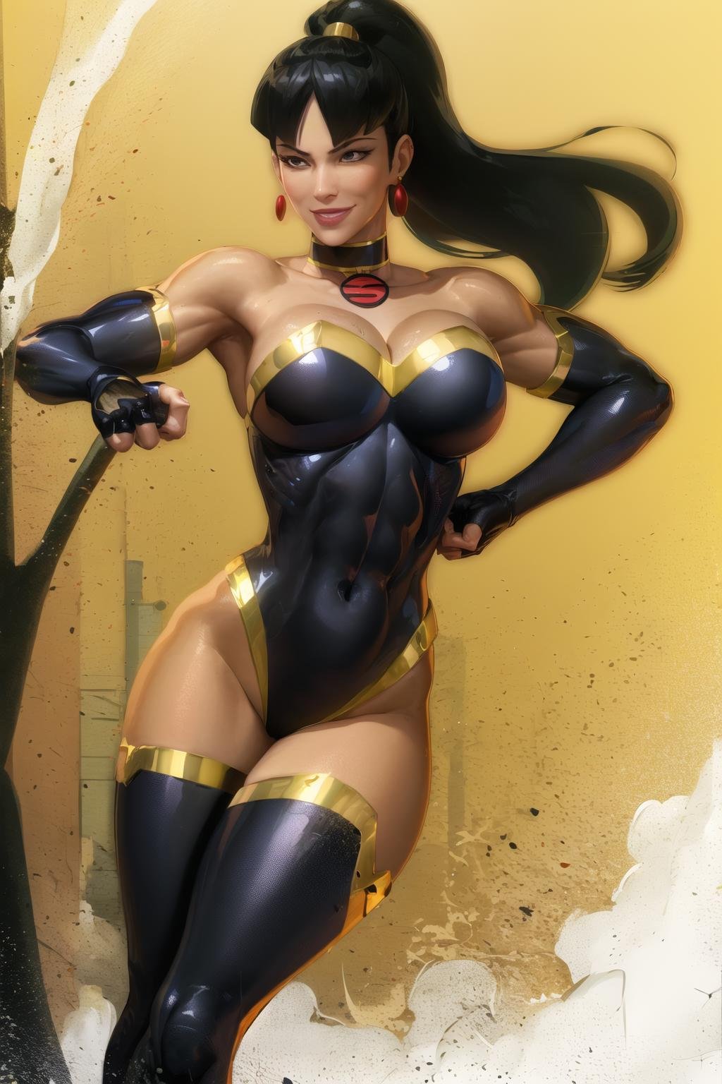 (masterpiece, best quality:1.2), <lora:superwoman_(mary_batson):1>, superwoman (mary batson), masterpiece, best quality, 1girl, solo, breasts, black hair, thighhighs, large breasts, leotard, dark skin, long hair, gloves, hand on hip, dark-skinned female, ponytail, choker, jewelry, cleavage, abs, fingerless gloves, elbow gloves, bare shoulders, black gloves, strapless, black thighhighs, makeup, black leotard, strapless leotard, smile, muscular female, earrings, muscular, lipstick, lips, bangs, covered navel, black eyes, toned, highleg leotard, blunt bangs, thighs,