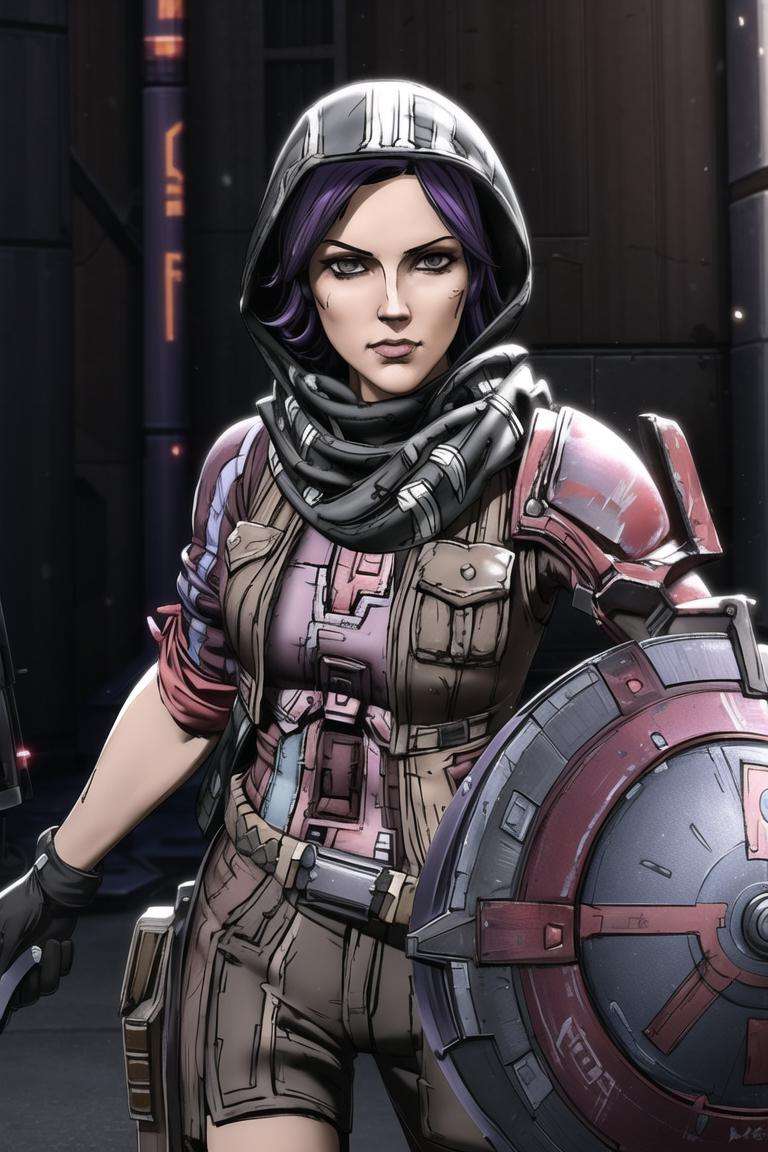 <lora:athena_(borderlands):0.8>, athena (borderlands), masterpiece, best quality, 1girl, weapon, solo, shield, gun, scarf, gloves, hood, armor, holding, belt, looking at viewer, hood up, black hair, holding weapon, helmet, science fiction, purple hair,