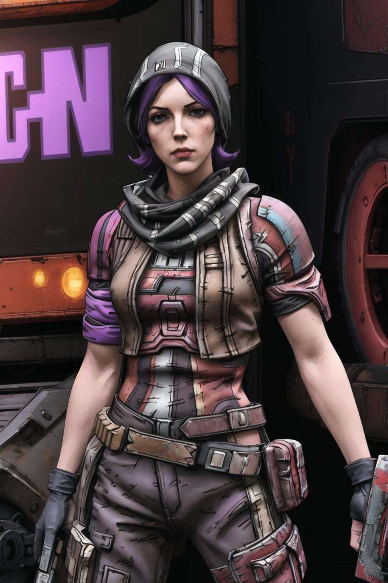 <lora:athena_(borderlands):0.8>, athena (borderlands), masterpiece, best quality, 1girl, weapon, solo, scarf, gloves, hood, armor, belt, looking at viewer, hood up, science fiction, purple hair,