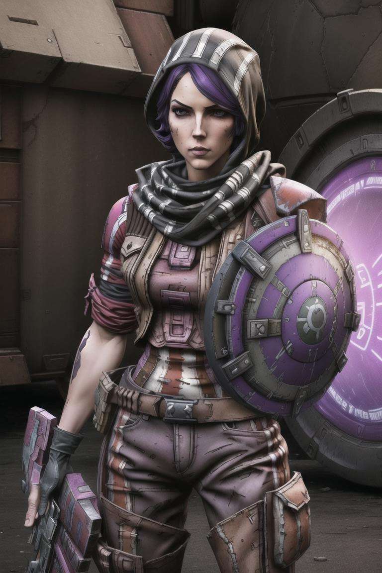 <lora:athena_(borderlands):0.8>, athena (borderlands), masterpiece, best quality, 1girl, weapon, solo, shield, gun, scarf, gloves, hood, armor, holding, belt, looking at viewer, hood up, black hair, holding weapon, helmet, science fiction, purple hair,