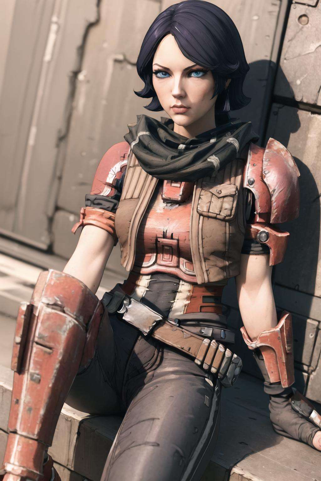 (masterpiece, best quality:1.2),  <lora:athena_(borderlands):.9>, athena (borderlands), 1girl, solo, gloves, short hair, fingerless gloves, armor, black hair, knee pads, pants, tattoo, breasts, belt, breastplate, vest, blue eyes, black eyes, looking at viewer, scarf, jacket, dutch angle, sitting, floral background