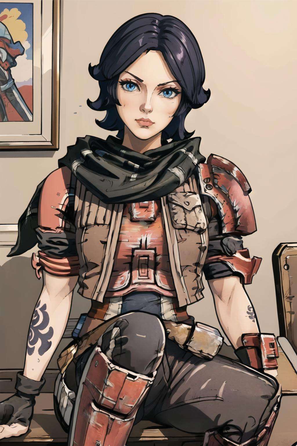 (masterpiece, best quality:1.2),  <lora:athena_(borderlands):.9>, athena (borderlands), 1girl, solo, gloves, short hair, fingerless gloves, armor, black hair, knee pads, pants, tattoo, breasts, belt, breastplate, vest, blue eyes, scarf, jacket, head tilt, close-up, portrait, chair, indoors