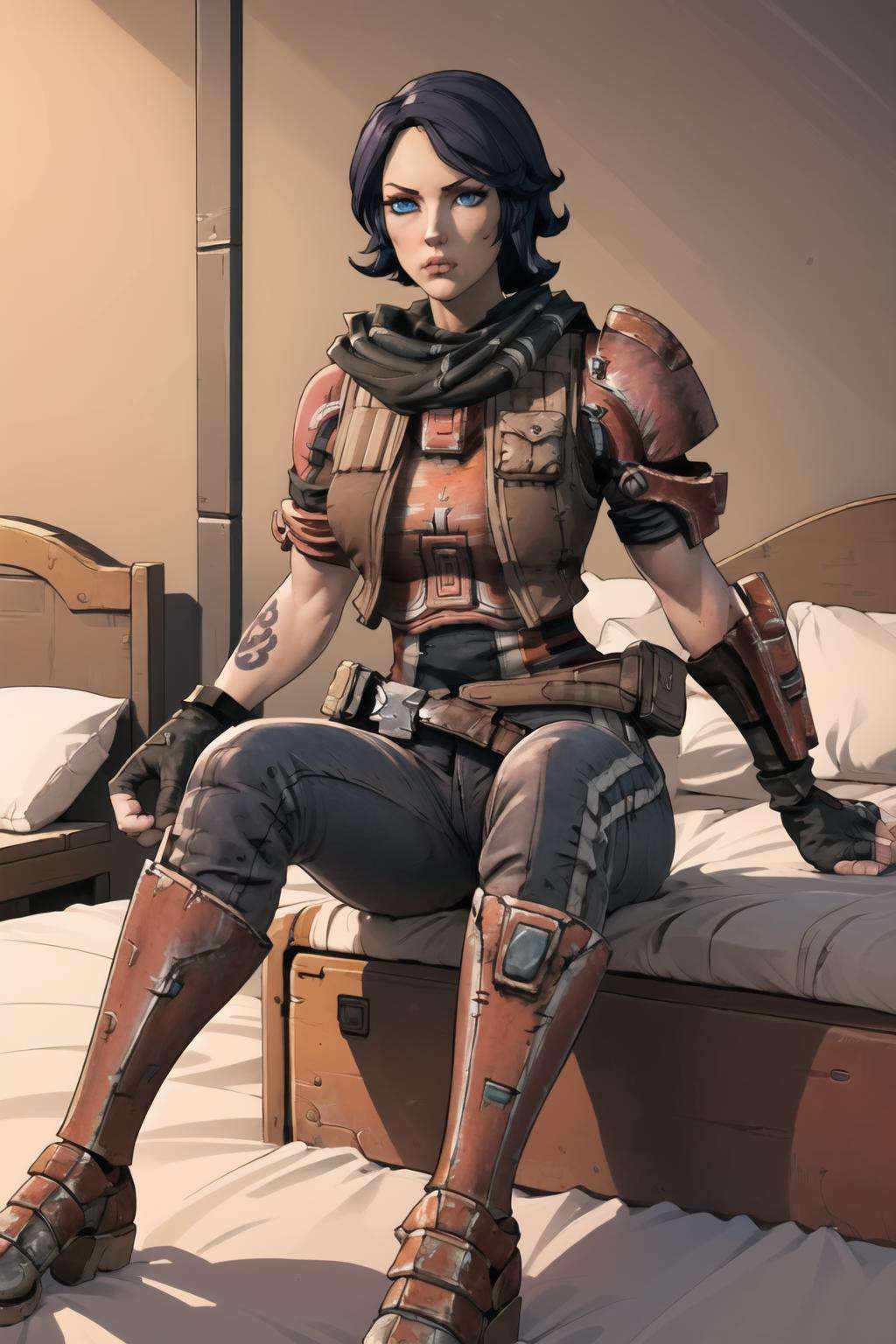 (masterpiece, best quality:1.2),  <lora:athena_(borderlands):.9>, athena (borderlands), 1girl, solo, gloves, short hair, fingerless gloves, armor, black hair, knee pads, pants, tattoo, breasts, belt, breastplate, vest, blue eyes, scarf, jacket, straight-on, lower body, reclining, bed, legs up, knees to chest